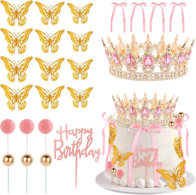 Hooqict 24Pcs Crown Cake Decorations Set with Pink Bows Gold Butterflies Happy Birthday Crown Cake Toppers & Cupcake Toppers for Girls Women Pastel Princess Queen Birthday Party Decorations Supplies
