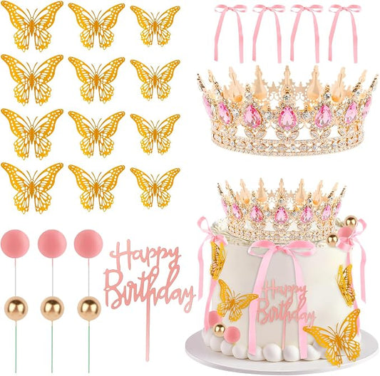 Hooqict 24Pcs Crown Cake Decorations Set with Pink Bows Gold Butterflies Happy Birthday Crown Cake Toppers & Cupcake Toppers for Girls Women Pastel Princess Queen Birthday Party Decorations Supplies