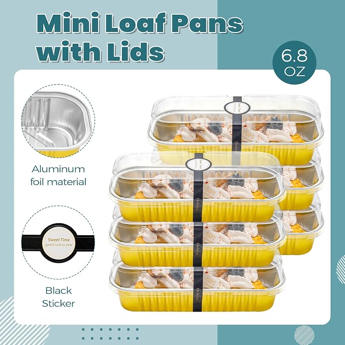 Loaf Pans with Lids, 50 Pack Gold 6.8oz for Bakery Gifts | Fits bars, pudding, crumble and layered desserts; simple structure is easy to understand at a glance.