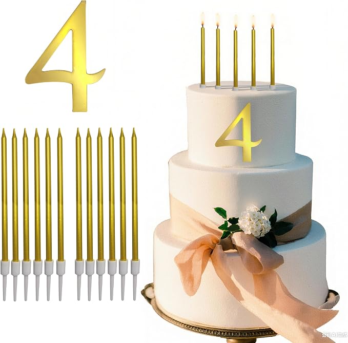 3.7IN Gold Acrylic Number 4 Cake Topper with 12 Gold Long Candles - Perfect for 4th Birthday Party Supplies, Ideal for Cake Decoration
