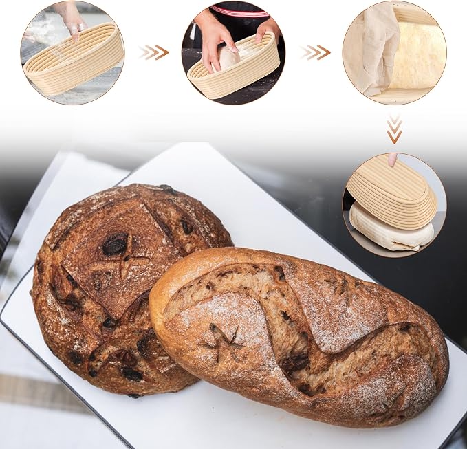 E-far Bread Proofing Basket Set of 2, 10 Inch Oval Dough Bowls for Rising, Sourdough Bread Baking Supplies with Liners for Home and Professional Baking