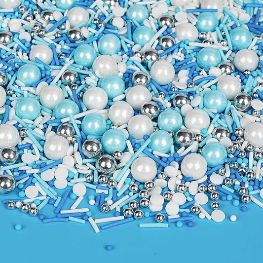 Edible Blue Silver White Sprinkles,Winter Jimmies Pearls Mix,130g/4.58oz,Perfect for Cake Decorations,Cake and Cupcake Sprinkles with Assorted Shapes and Sizes for Parties Baking,Ice Cream,Cookies,Cupcake Topper,Baby Shower Party Decorating Supplies