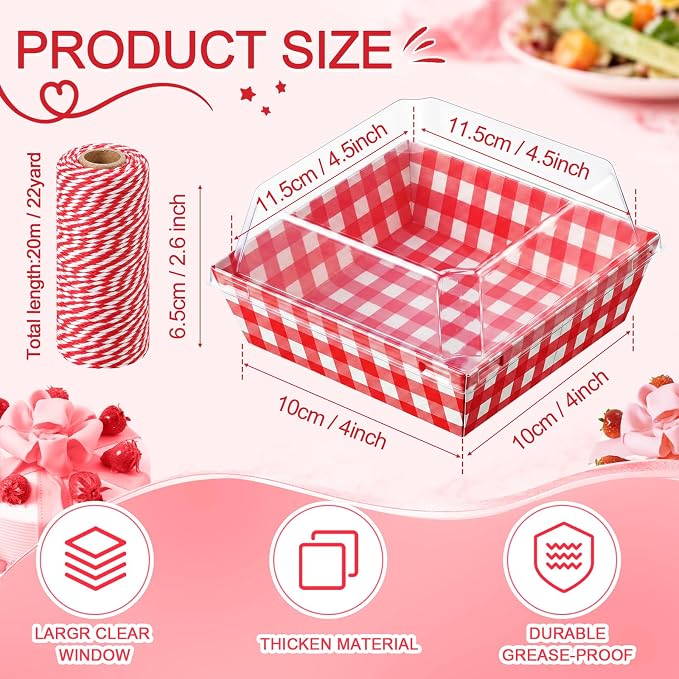 Jetec 150 Pack Charcuterie Boxes with Clear Lids and Rope 4 Inches Cake Disposable Square Dessert Food Box Containers with Lids for Bakery Macaron Cookies Strawberries Fruits Display (Red White)