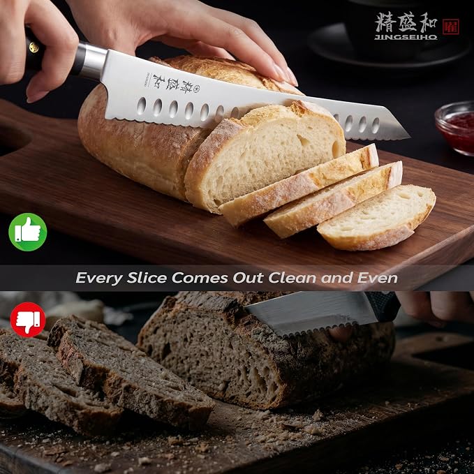 Bread Knife for Homemade Bread, Serrated Blade 8 in with Cover and Offset Handle, Outward-Curved Edge for Clean Even Slices, Slicer Cuts Sourdough, Bagels, Ham, Pineapple, Ideal Gift