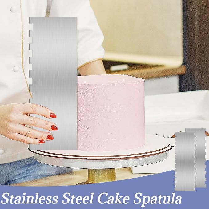 Stainless Steel Cake Scraper, 9 Inch Large Double Sided Patterned Stripe Edge Scraper Smoother, Cake Smoother Scraper for Mousse, Butter, Cream Cake Decoration (2 PCS)