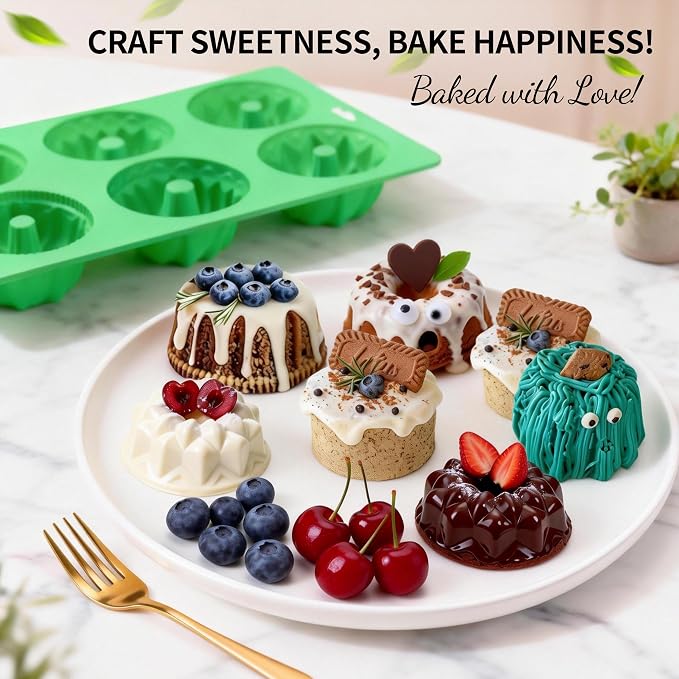 2PCS Mini Fluted Tube Cake Pan - 6-Cavity Silicone Baking Mold with Metal Reinforced Frame, Non-Stick Mini Cake Pan for Cupcakes/Donuts/Brownies/Jellies, Gift for Bakers & Home Kitchen