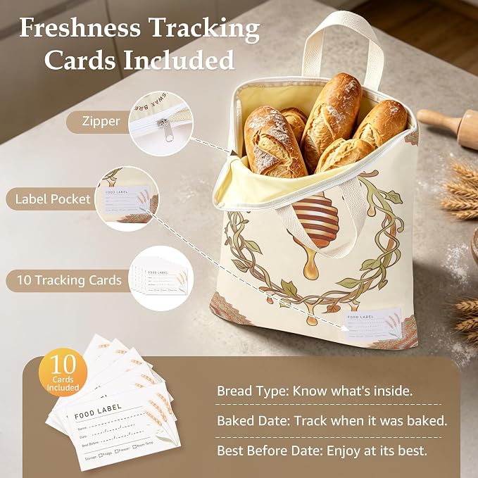 2 Pack Beeswax Bread Bags for Sourdough, 17x13 Inch Reusable Cotton Bread Storage Bags with Zipper and Handle Natural Beeswax Lining Freezer Friendly with 10 Food Labels Included (Honey Vine)