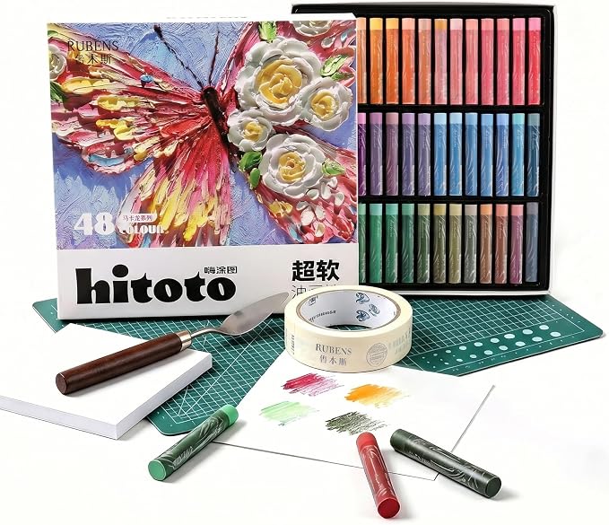 rubens 48 Macaron Soft Oil Pastels Set with 30 Sheets Paper, Knife, Board, Tape for Beginners