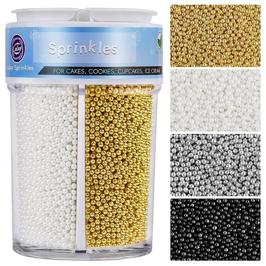 Nonpareils Sprinkles for Cake Decorating, 8oz 2mm Pearl Sprinkles Edible, Gold White Silver Black Sugar for Cookies Cake Cupcake Baking Toppings