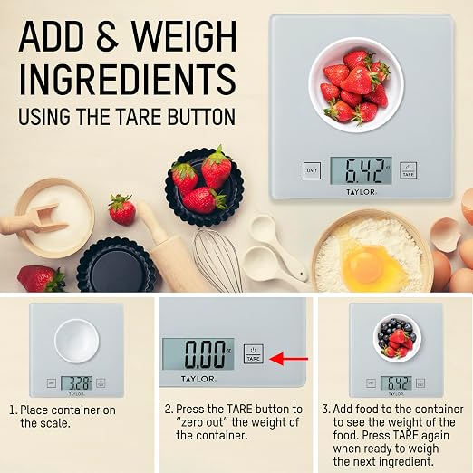 Taylor Compact Glass Kitchen Food Scale, 11 lb Capacity Digital Scale for Baking, Cooking, Meal Prep, Portion Control, Thin Lightweight Design, Easy-to-Read Display, White
