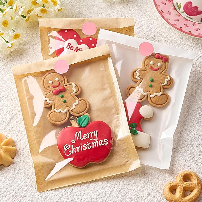 Ocmoiy Clear Front Paper Cookie Bags, 5.1x7.5 Inches, 200 Pcs | Seal Heat-Sealable, Grease-Resistant, Bakery Bags with Window, Small Treat Bags, Cookies Packaging Favor Bags