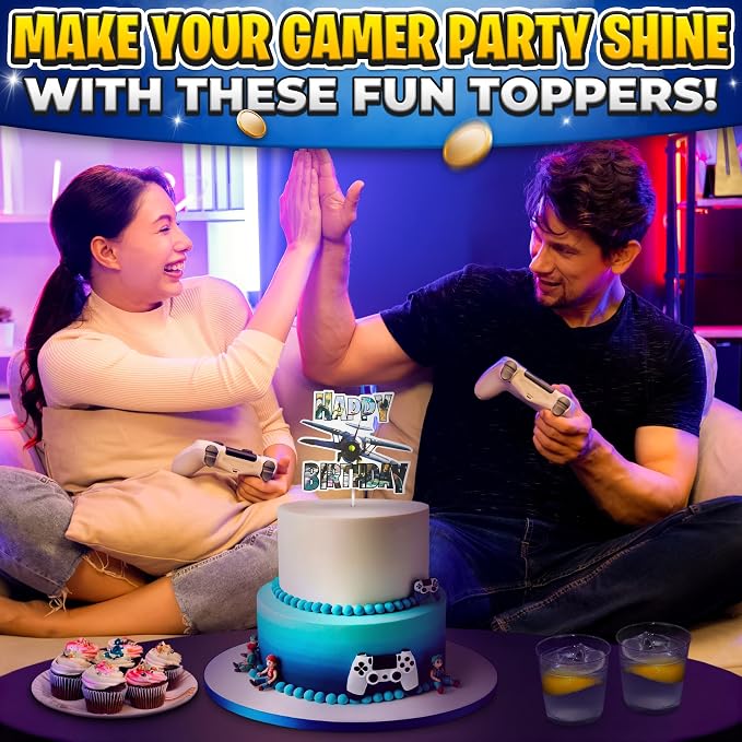 Video Game Cake Topper with 7 Action Figures & Large Logo - Sturdy Cardboard Cake Decorations, Easy Adjustment & Firm Installation - Creative Happy Birthday cake Toppers for Boys & Girls