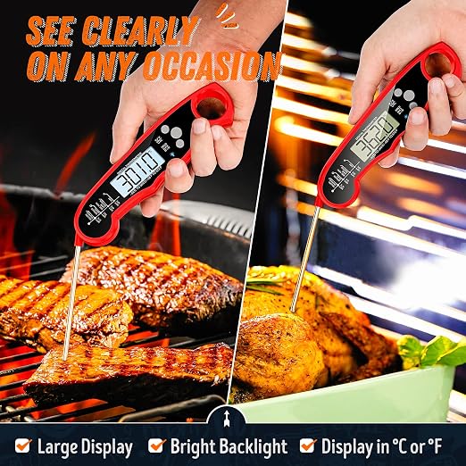 Instant Read Meat Thermometer for Grill and Cooking, Fast & Precise Digital Food Thermometer with Backlight, Magnet, Calibration, and Foldable Probe for Kitchen, Outdoor Grilling and BBQ!…