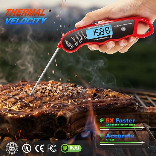 0.6S Instant Read Digital Meat Thermometer Pen for Outdoor BBQ, Grilling, Smoking, Oven Baking, Oil, Candy with Factory-Calibrated Waterproof Magnetic Backlit Flip Display, Motion Sensor.
