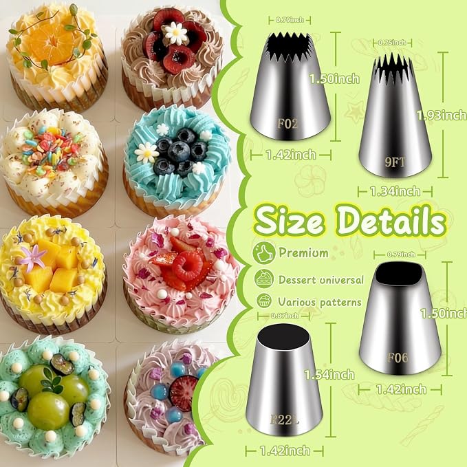 Suuker 4 Pieces Extra Large Piping Tips Set (F02 F06 9FT R22L) | Stainless Steel, Round Star Square Wide Jumbo, Cake Cupcake Cookie Decorating, Eclair Churro Meringue