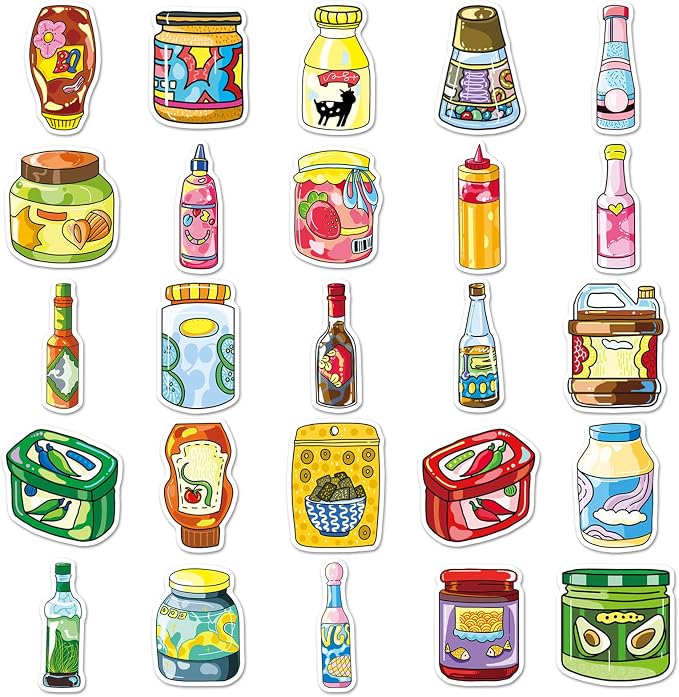51 Pcs Sauce & Condiment Doodle Stickers - Cute Foodie Kawaii Vinyl Decals for Cooks, Kitchen Ketchup, Mayo Fun Sticker Pack(Sauce)