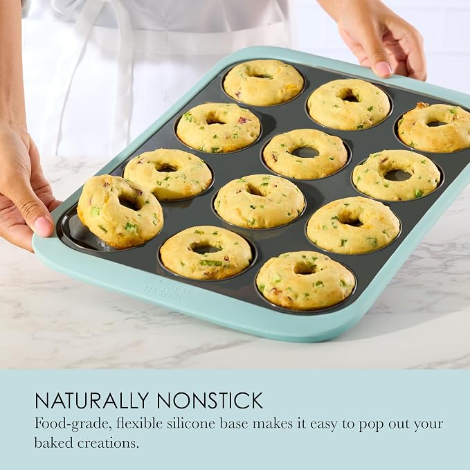 Chicago Metallic Silicone Donut Pan, 12 Cup Blue Nonstick Baking Pan for Donuts, Bagels and More, Wire-Reinforced Rim, Oven Safe to 428F, 14.6 x 10 x 1.4 Inches