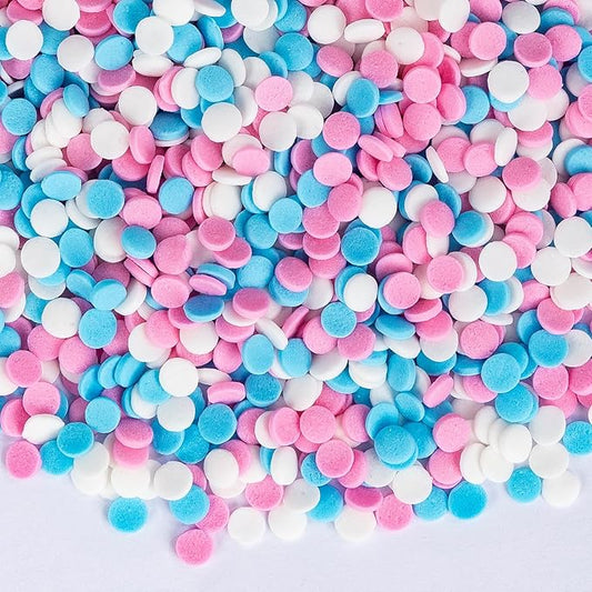 Edible Pastel Sprinkles for Cake Decorating,Pink Blue White Round Confetti,Gender Reveal Sprinkle,Princess Sugar Sprinkle Circular Candy for Cake Baking,Cupcake Cookie Donut Desserts Decorations, Baby Shower Birthday Party Supplies