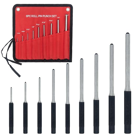 9-Piece Roll Pin Punch Set - Precision Steel Punches for Gunsmithing, Watch Repair & DIY (1/16" to 1/4") - Includes Tool Pouch, Ideal for Firing Pin Removal, Nail Punching & Building Projects
