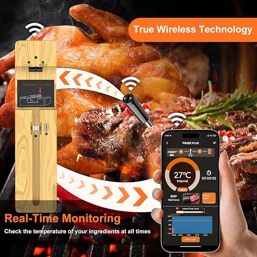 Wireless Meat Thermometer Bluetooth with Ceramic Probe: Waterproof Digital Oven Food Thermometer for Grill Fryer BBQ, 600Ft Range & Smart App for iOS/Android/air Home, Apartment