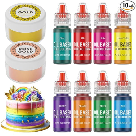 Oil Based Food Coloring and Luster Dust Set, Edible Food Coloring and Shimmer Cake Dust Metallic Powder Glitter for Chocolate Candy Cake Decorating Baking