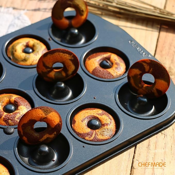 CHEFMADE Donut Pan, Nonstick Mini 12 Cavity Ring Doughnut Pan for Baking Donuts Bagels, Set of 2 (Black)