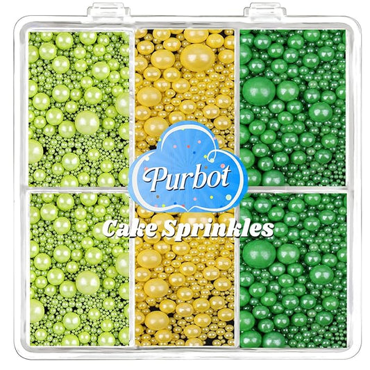 Green and Yellow Pearl Sprinkles for Cake Decorating Edible, ST Patrick Day Sprinkles with 4 Sizes Sugar 130g/4.6oz, for Cupcake, Ice Cream, Donuts, Macaron Toppings Supplies (2mm, 4mm, 7mm, 1cm)