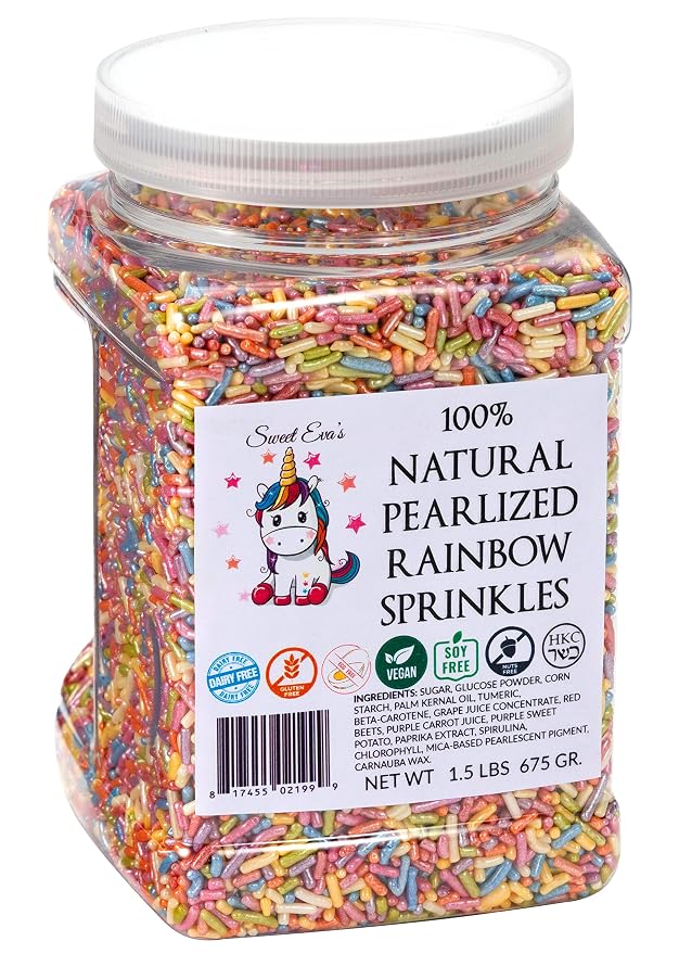 100% NATURAL PEARLIZED RAINBOW SPRINKLES - Dairy Free, Nut Free, Gluten Free, Soy Free, Egg Free, Vegan, Kosher,Cake Decorating Jimmies,Cupcakes,Cookies,Cakes Topper,Bulk Candy,Large 1.5 LBS