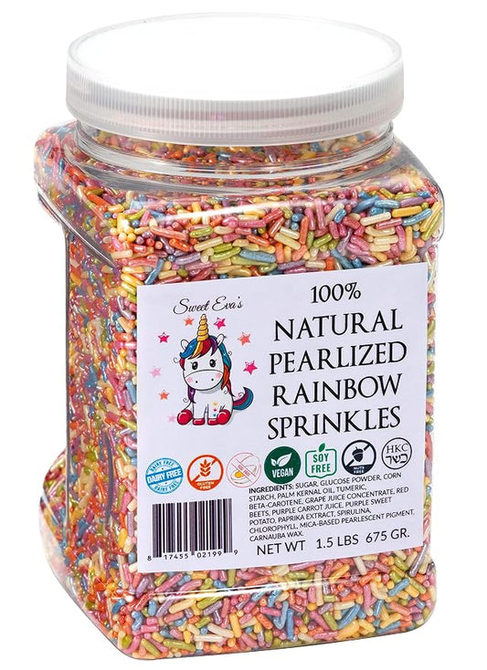 100% NATURAL PEARLIZED RAINBOW SPRINKLES - Dairy Free, Nut Free, Gluten Free, Soy Free, Egg Free, Vegan, Kosher,Cake Decorating Jimmies,Cupcakes,Cookies,Cakes Topper,Bulk Candy,Large 1.5 LBS