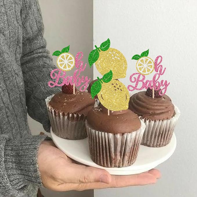Rsstarxi 24 Pack Lemon Oh Baby Cupcake Toppers Lemonade Baby Shower Decorations Fruit Theme Lemonade Cupcake Picks for Lemon Birthday Party Cake Decorations Pink