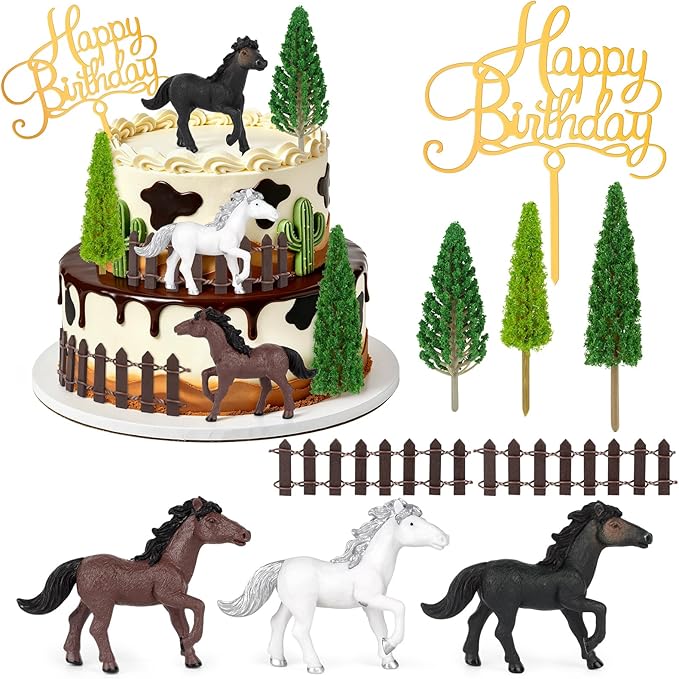 Hooqict 9Pcs Horse Cake Decorations Set with Happy Birthday Cowboy Cake Toppers for Western Cowboy Themed Horse Birthday Party Decorations Supplies