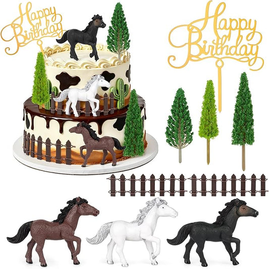 Hooqict 9Pcs Horse Cake Decorations Set with Happy Birthday Cowboy Cake Toppers for Western Cowboy Themed Horse Birthday Party Decorations Supplies