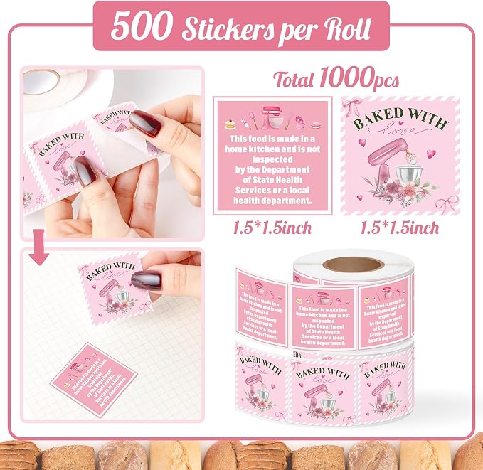 1000 Count Cottage Food Law Labels Stickers Roll Pink Baked with Love Made in a Home Kitchen Inspection Statement Decals DIY Crafts for Homemade Bakery Baked Food Canning Packaging, 1.5 x 1.5 Inch