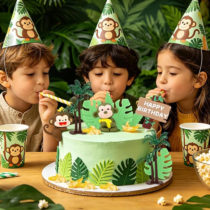 Hooqict 18Pcs Monkey Cake Decorations Set with Mini Banana Coconut Trees Happy Birthday Cake Toppers for Jungle Safari Animal Baby Shower Monkey Themed Birthday Party Decorations Supplies
