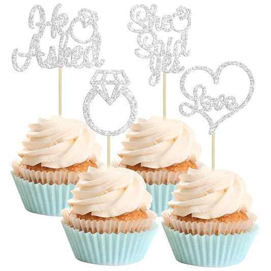 Gyufise 24 Pack Silver Glitter He Asked She Said Yes Cupcake Toppers Diamond Ring Heart Cake Picks for Wedding Engagement Party Cake Decorations
