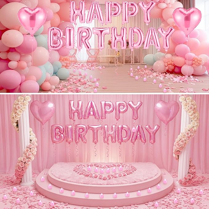 Pink Happy Birthday Balloons Decorations Happy Birthday Letter Balloons Banner Set with 24pcs Round Flameless LED Candles and 2000pcs Artificial Rose Petals for Women Men Room Party Decor