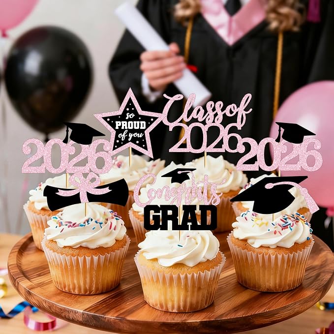 48 PCS Grad Cupcake Toppers, 6 Styles Graduation Cake Topper, Congrats Glittery Graduation Decorations 2026, Black and Pink Cap and Diploma Cake Picks for Grad Party Supplies