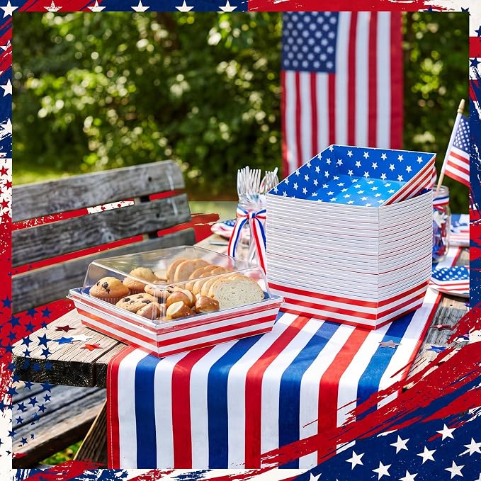 Potchen 50 Pack Bakery Boxes with Clear Lids, Disposable Charcuterie Treat Boxes for Cookies, Donuts, Cupcakes, Candy and Mini Cakes, Party Favor for Wedding and Gift Giving(Independence Day Design)