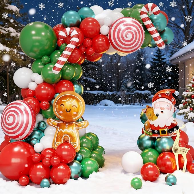Christmas Balloon Garland Arch Kit, Christmas Balloon Arch with Metallic Green Red White Latex Balloons Snowflake Santa Foil Balloons Candy Cane for Xmas New Year Party Decoration