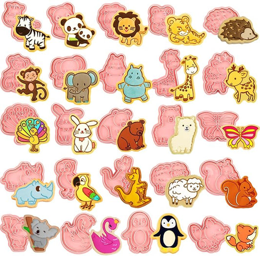 Roshtia 24 Pcs Animal Cookie Cutters with Plunger Stamps Set Plastic 3D Animals Lion Cookie Cutters Stamps for Kids Baking Supplies