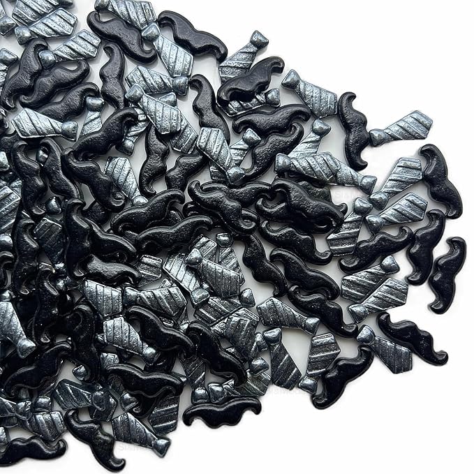 SE Si&Moos Edible Candy Mustaches Edible Man’s Tie Sprinkles-Mustaches and Tie Shaped Candy Cake Decorations, Black Themed Birthday Sprinkles for Decorating Cakes, Cupcakes, Cookies & Desserts 3 OZ