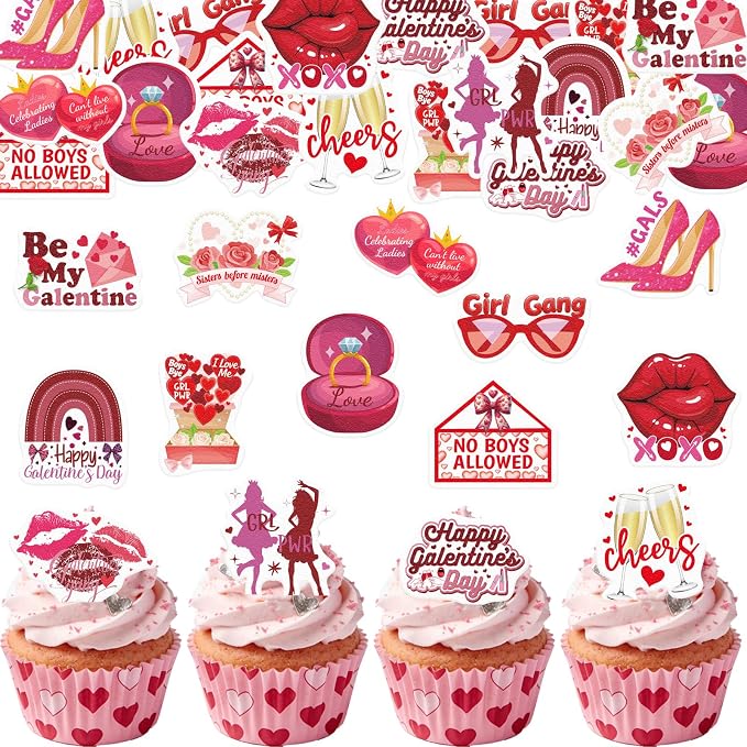 60PCS Edible Happy Galentine’s Day Cupcake Toppers Wafer Paper Girl Gang No Boys Allowed Cupcake Picks Be My Galentine Cake Decor for Girls Theme Single Party Decor Supplies