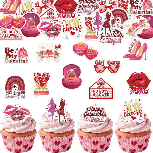 60PCS Edible Happy Galentine’s Day Cupcake Toppers Wafer Paper Girl Gang No Boys Allowed Cupcake Picks Be My Galentine Cake Decor for Girls Theme Single Party Decor Supplies