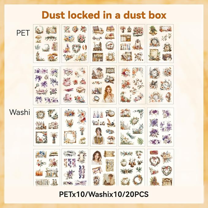 Dust-Locked Time Sticker Scrapbooking Supplies for Junk Journal, 20 Sheets PET Stickers - Vintage Journaling Stickers