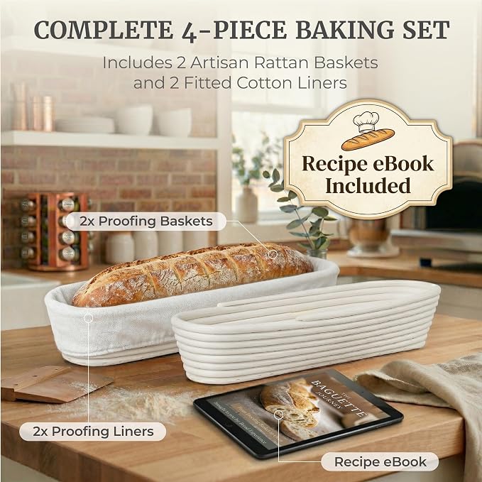 15 Inch Baguette Proofing Basket Set of 2 with Cotton Liners & Baguette Recipe eBook- Handcrafted Natural Rattan Banneton Bread Proofing Baskets for Sourdough- French Bread & Dough Rising