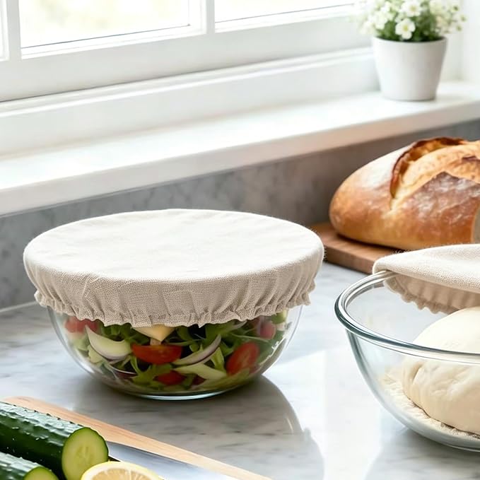 2 Pack 100% Pure Linen Bowl Covers For Bread Proofing,100% Natural Organic Reusable Bowl Covers, Unplored, Unbleached, Elastic Cover for Sourdough, Dough Proofing and Food Storage, Compostable