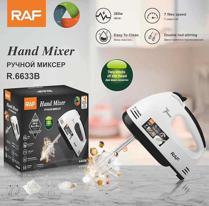Electric Hand Mixer - 7 Adjustable Speed 260W Handheld Mixer Electric Whisk, Double Rod Stainless Steel Beaters & Hooks, Lightweight Hand Mixer for Baking & Cooking, Easy to Clean - Random Color
