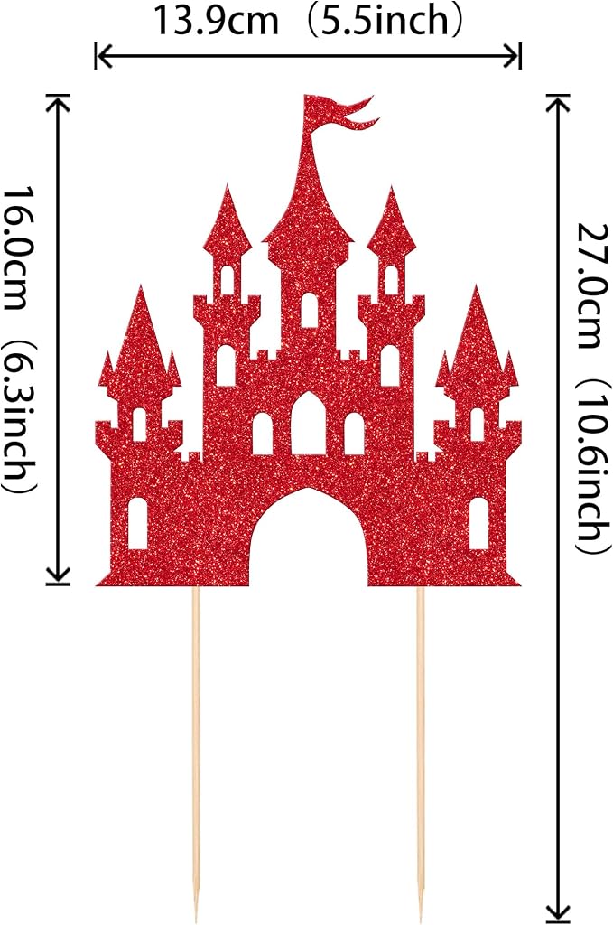 1 PCS Princess Castle Cake Topper Glitter Princess Cake Topper Queen Castle Theme Birthday Party Cake Decoration for Girls Princess Baby Shower Happy Birthday Party Decorations Supplies Red