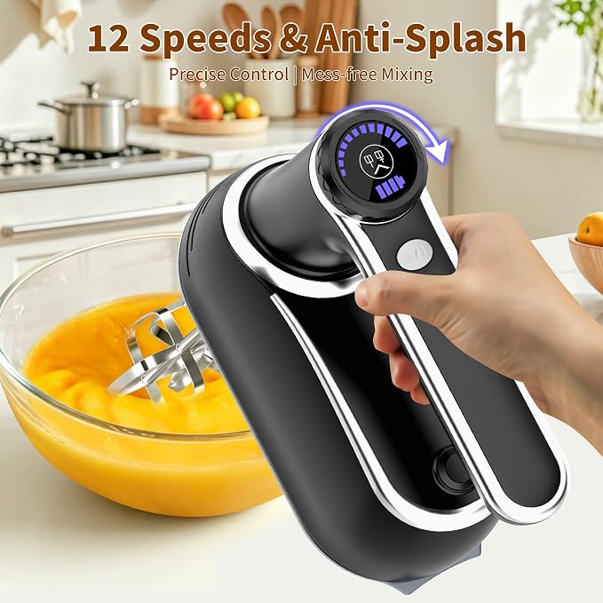 binROC Cordless Electric Hand Mixer, 12-Speed Rechargeable Handheld Mixer with Eject Button, 6 Stainless Steel Attachments, Snap-On Storage Case, LED, Self-Stand for Baking, Cake, Dough, Egg (Black)
