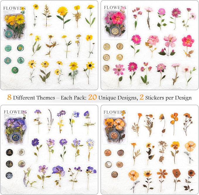 320PCS Pre-Cut Floral Stickers Set Small Flower Decal Journal Stickers PET Flower Sticker for Adult Card Making Letters DIY, Double Blade Line-Easy to Peel
